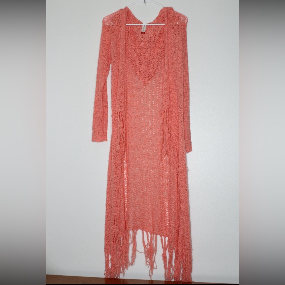 No Boundaries Orange Cover up Cardigan sweater Knit with Back Hoodie Sz L 11-13